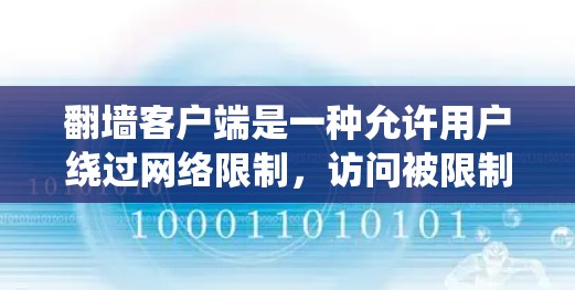 翻墙客户端是一种允许用户绕过网络限制,访问被限制访问的网站或内容的工具。以下是一些常见的翻墙客户端使用指南和注意事项,供您参考 翻墙客户端是一种允许用户绕过网络限制,访问被限制访问的网站或内容的工具。以下是一些常见的翻墙客户端使用指南和注意事项,供您参考
